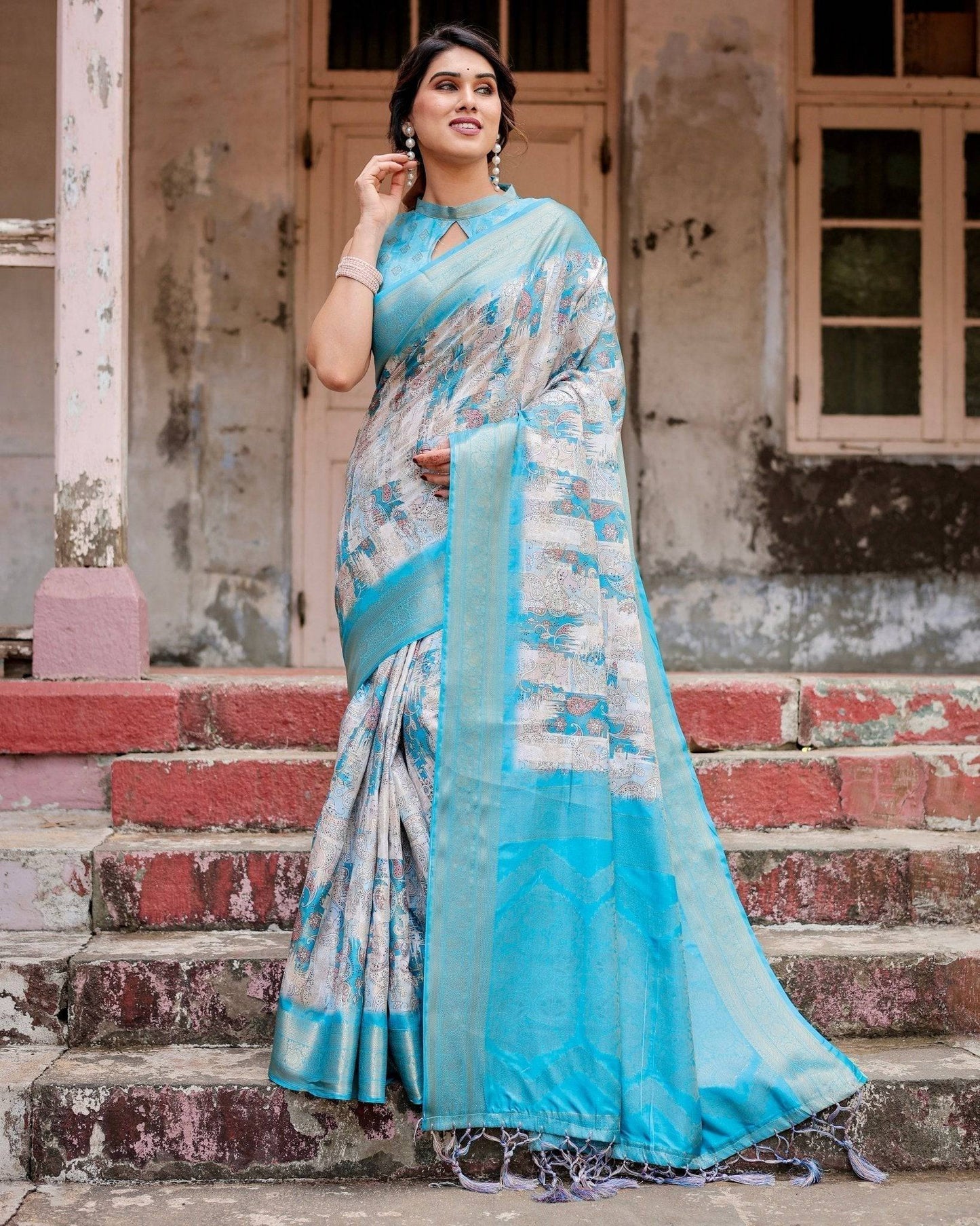 Sky Blue Banarasi Silk Saree with Paisley Digital Print, Zari Border & Tassel Details