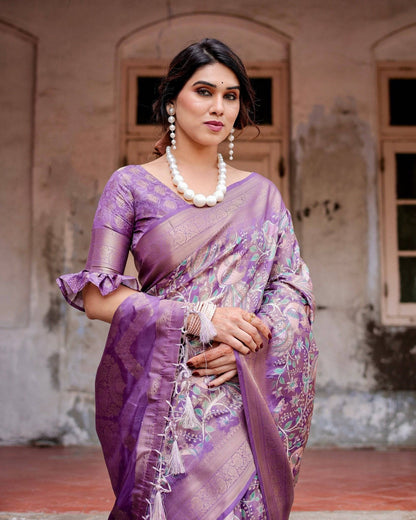 Lavender Banarasi Silk Saree with Intricate Zari Weaving, Tassel Accents, and Designer Floral Pallu