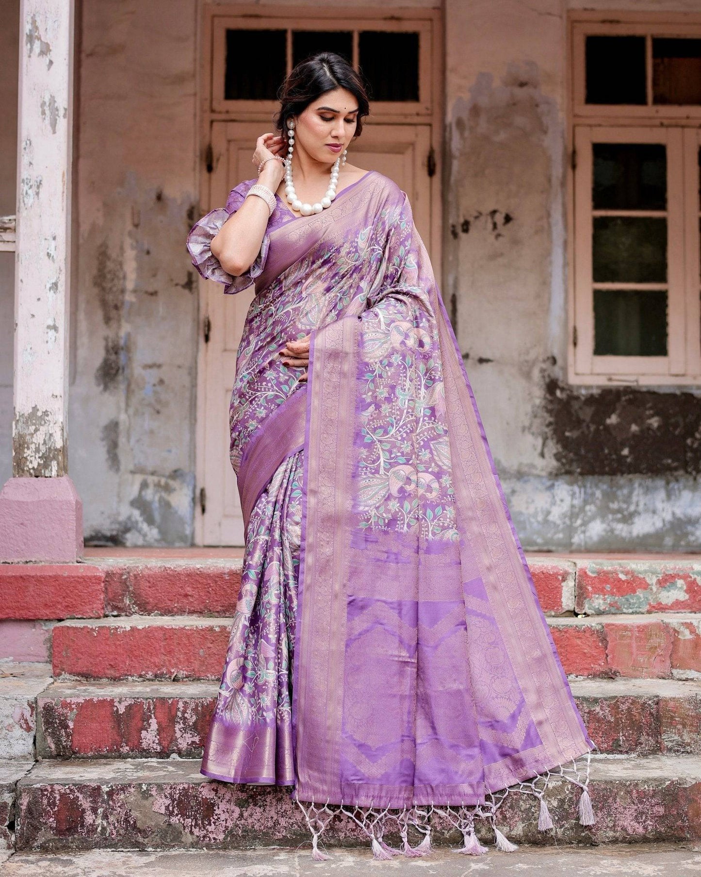 Lavender Banarasi Silk Saree with Intricate Zari Weaving, Tassel Accents, and Designer Floral Pallu