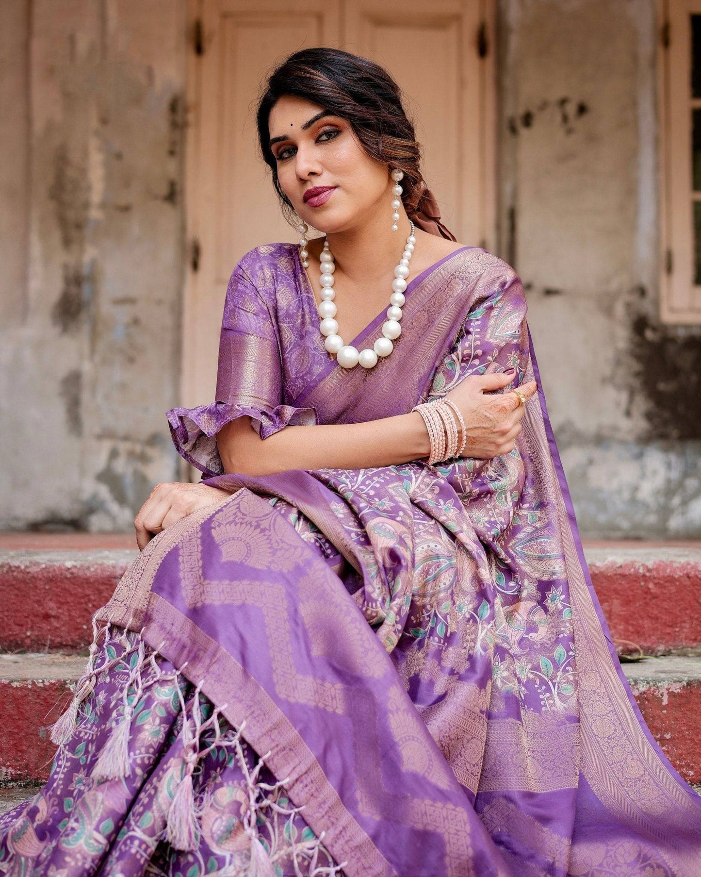 Lavender Banarasi Silk Saree with Intricate Zari Weaving, Tassel Accents, and Designer Floral Pallu