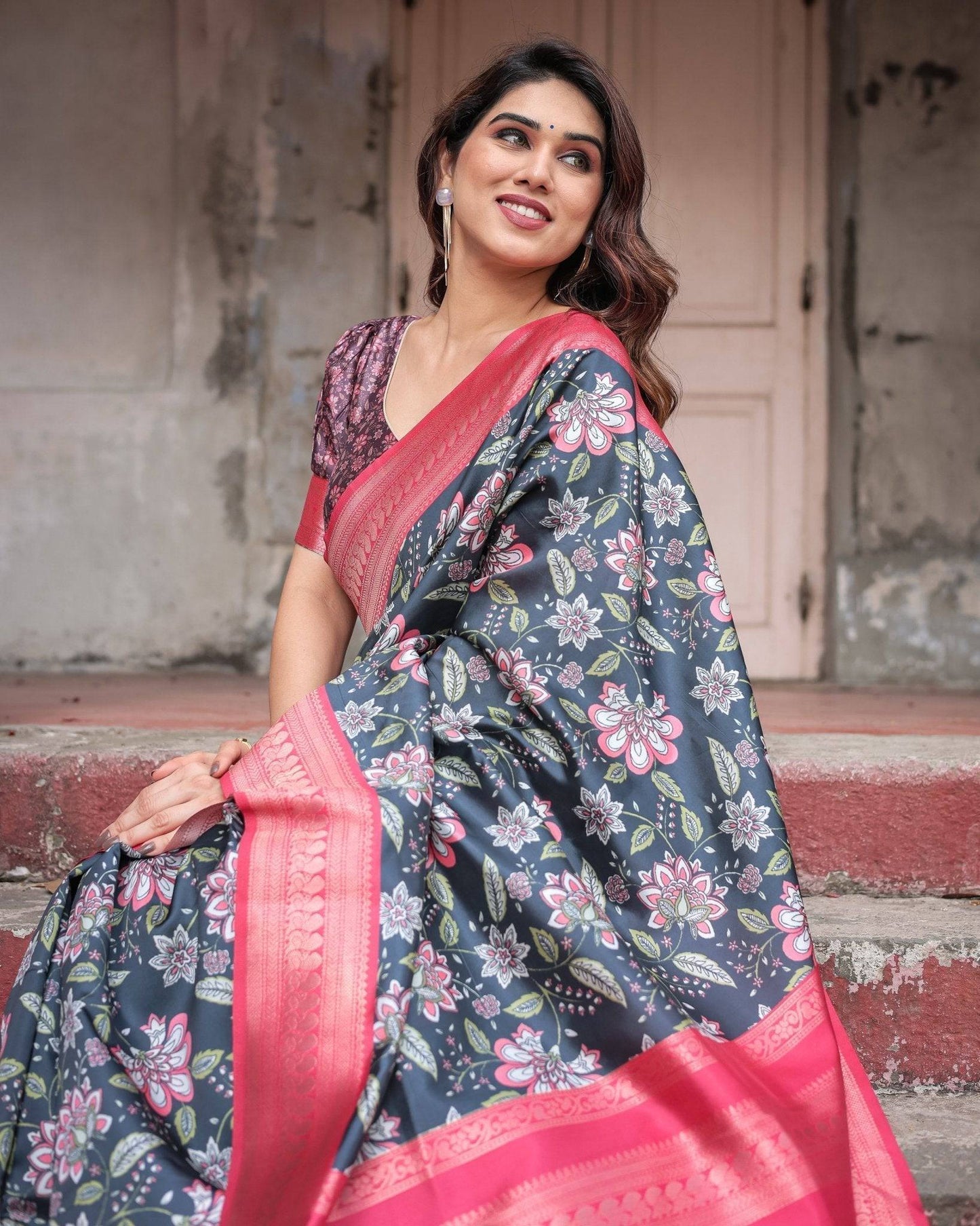 Floral Navy Banarasi Silk Saree with Bright Pink Zari Border and Tassels