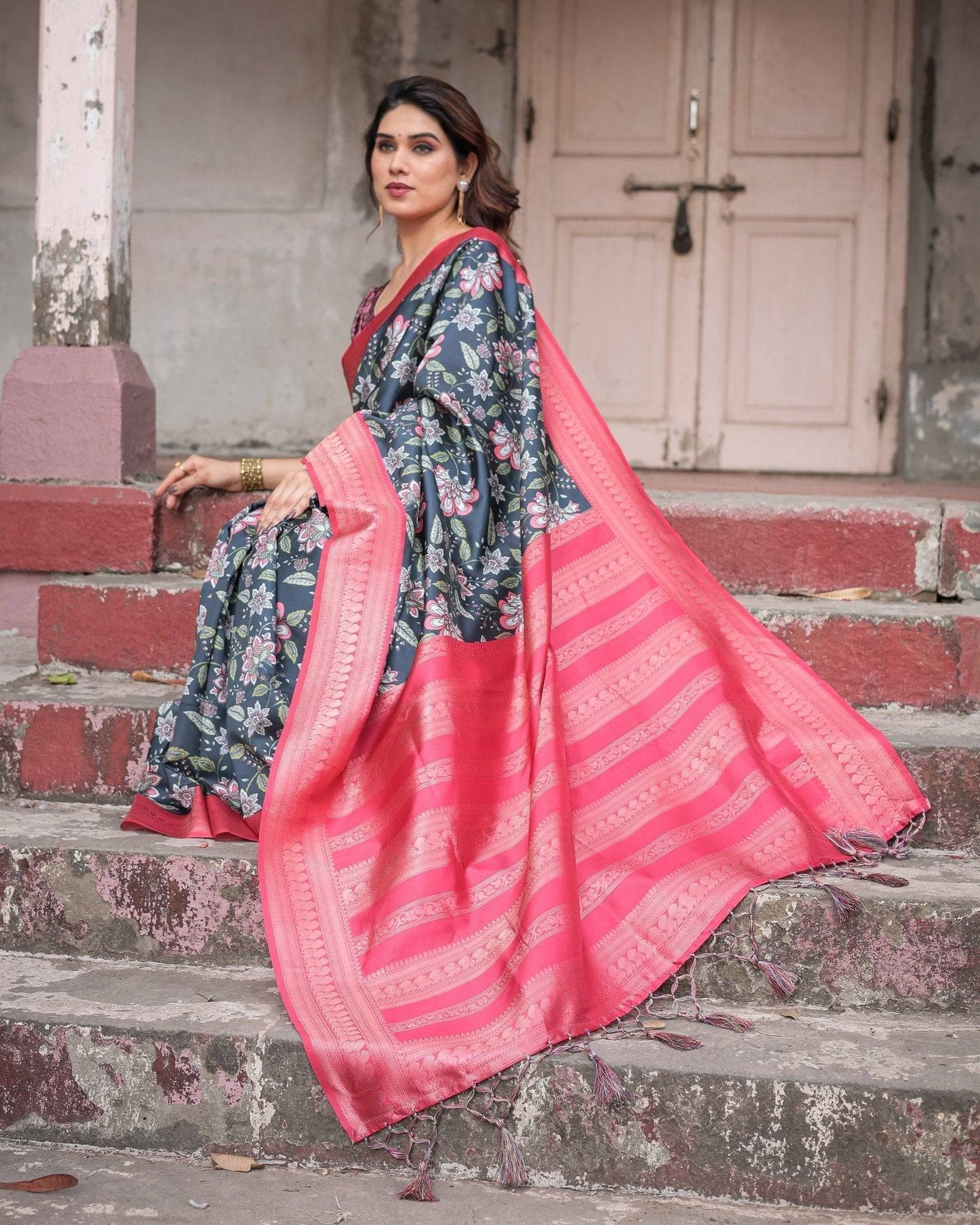 Floral Navy Banarasi Silk Saree with Bright Pink Zari Border and Tassels