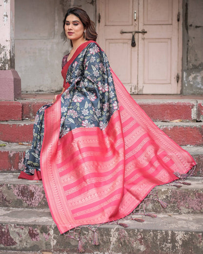 Floral Navy Banarasi Silk Saree with Bright Pink Zari Border and Tassels