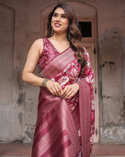 Maroon Banarasi Silk Saree with Bold Floral Digital Print & Rich Zari Border