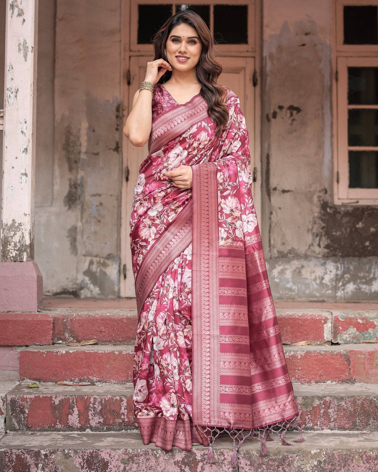 Maroon Banarasi Silk Saree with Bold Floral Digital Print & Rich Zari Border