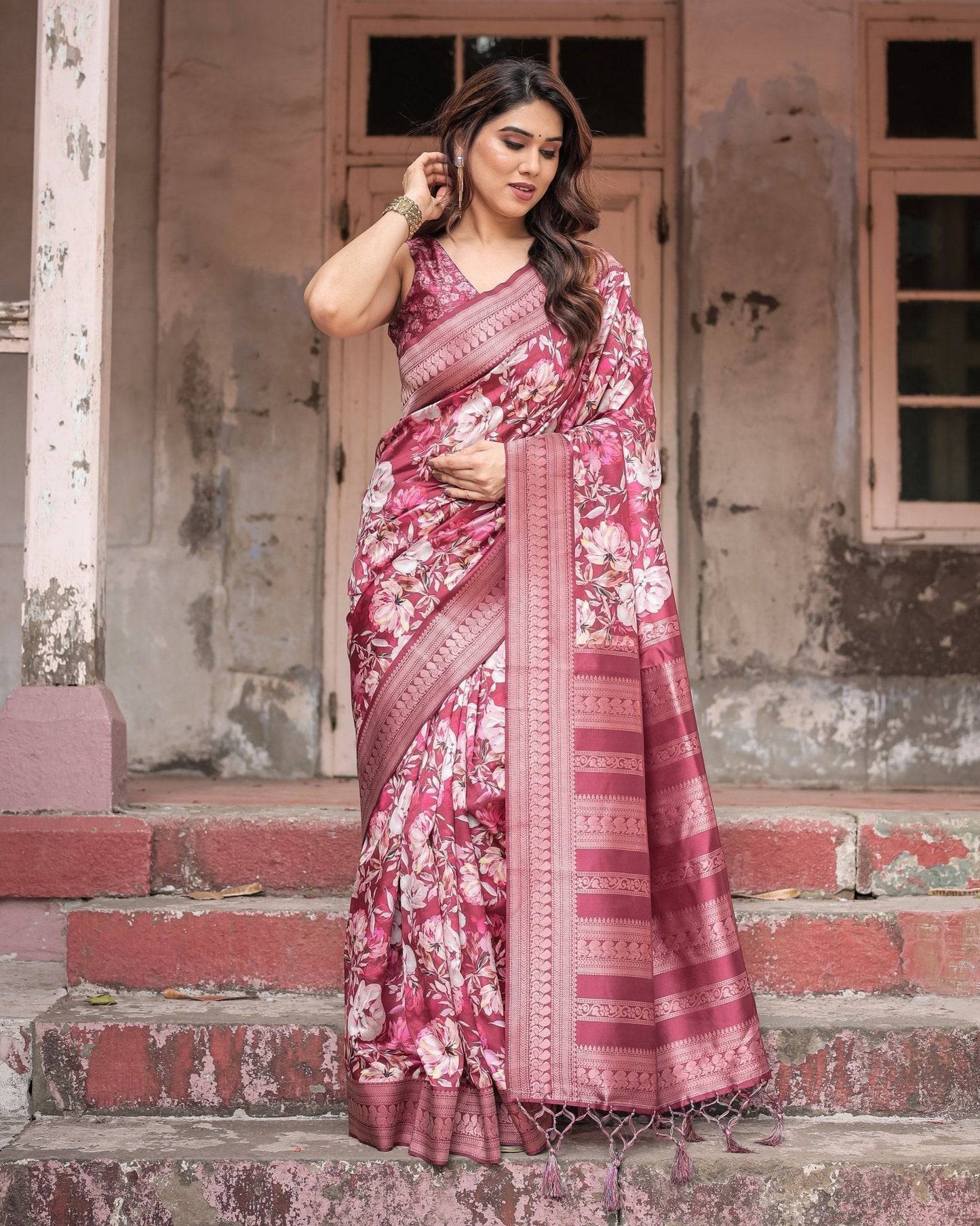 Maroon Banarasi Silk Saree with Bold Floral Digital Print & Rich Zari Border