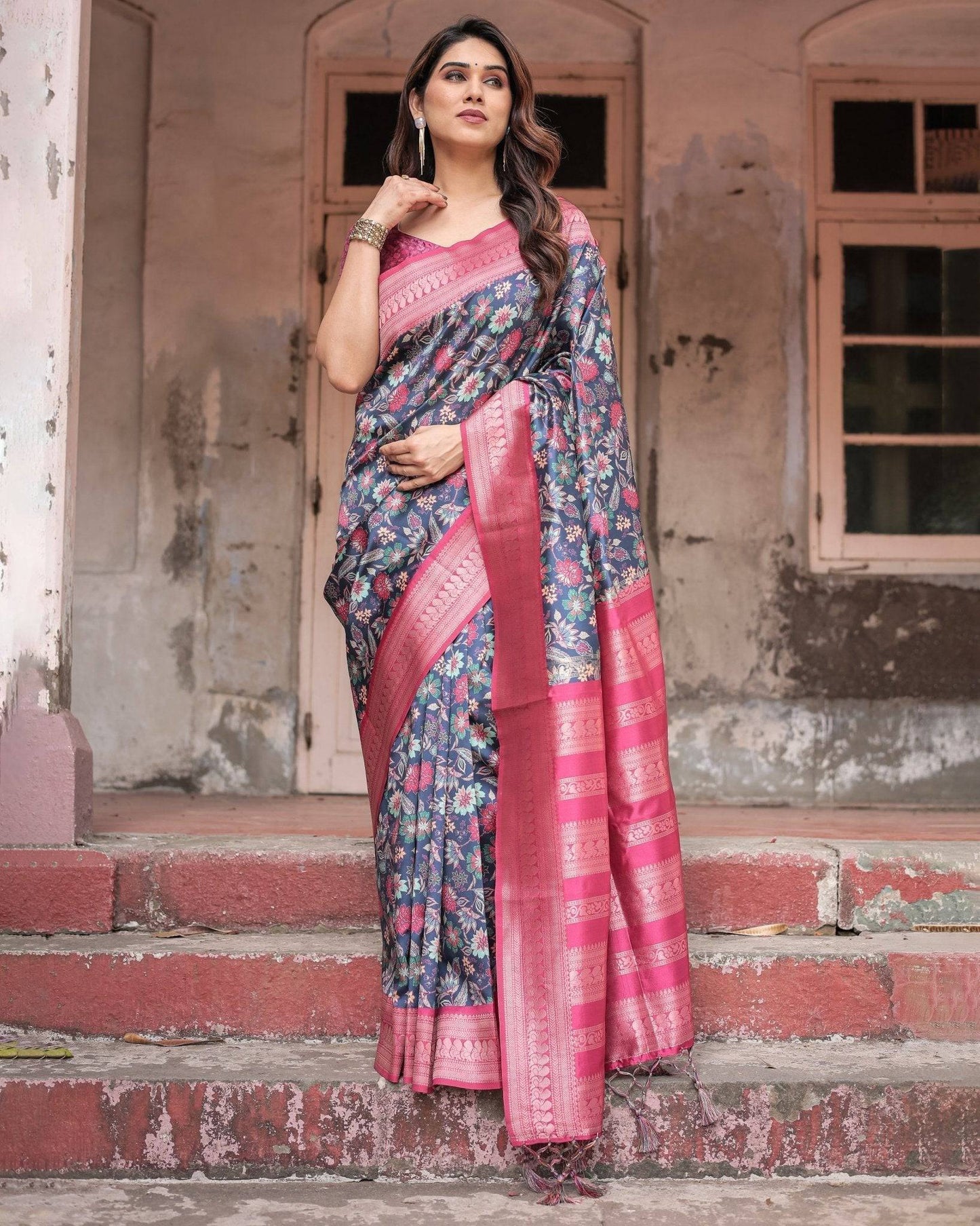 Stunning Navy Banarasi Silk Saree with Vibrant Floral Prints and Pink Zari Border