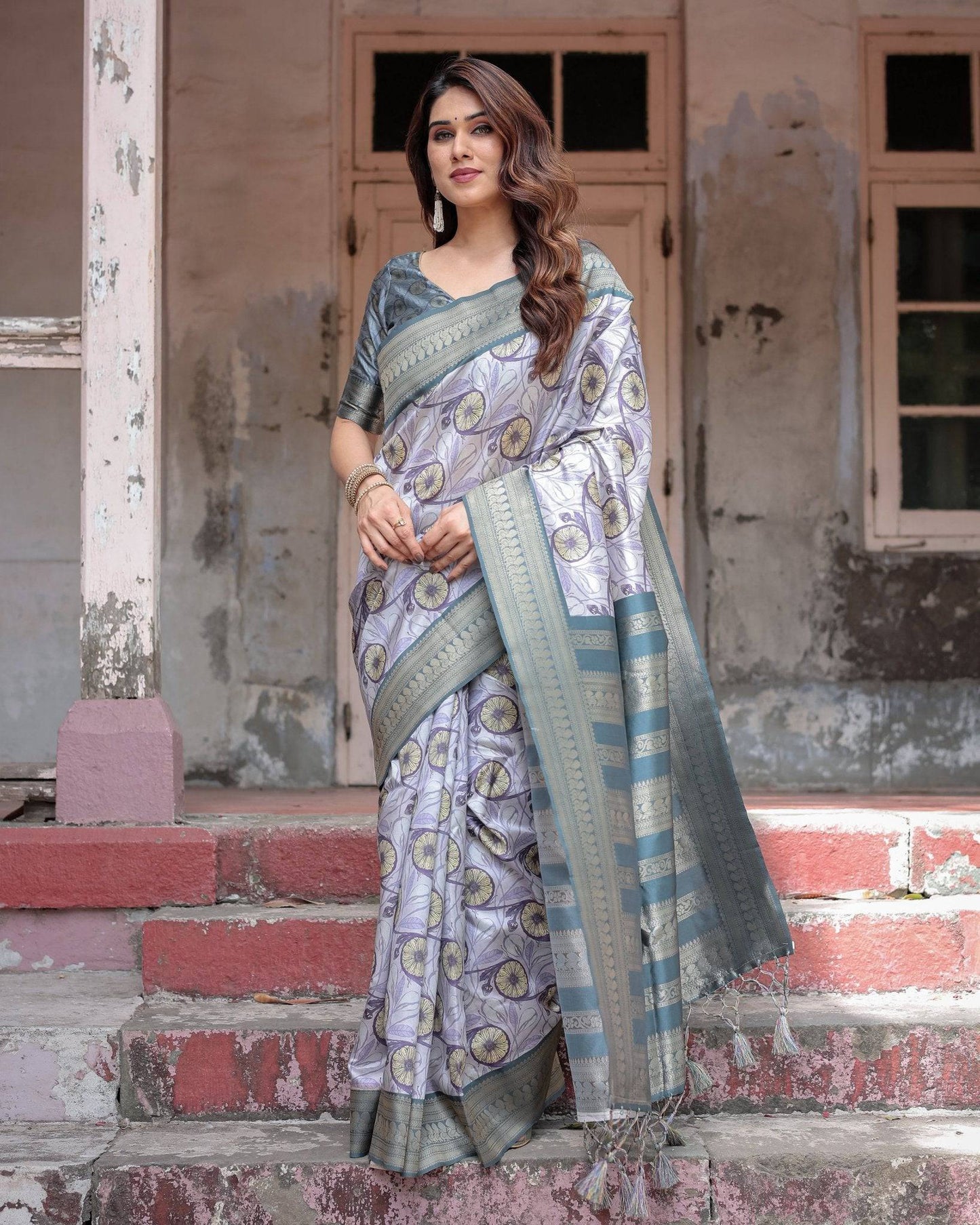 Sophisticated Lilac Banarasi Silk Saree with Floral Prints and Zari Tassel Border