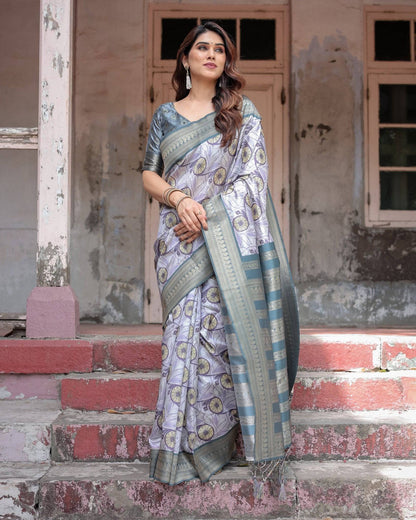 Sophisticated Lilac Banarasi Silk Saree with Floral Prints and Zari Tassel Border