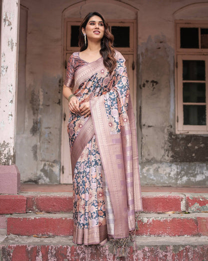 Lavender Banarasi Silk Saree with Pastel Floral Digital Print & Zari Border