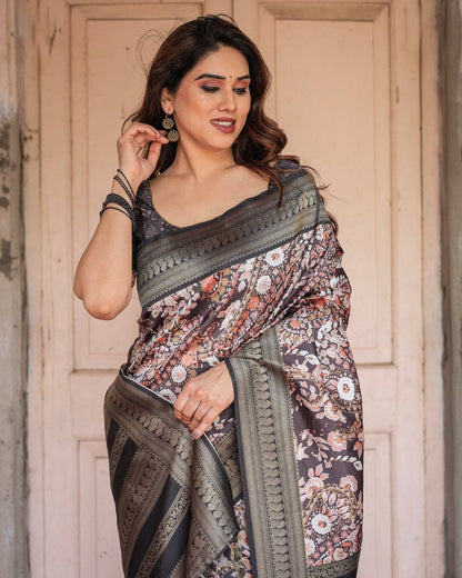 Elegant Black and Peach Banarasi Silk Saree with Zari Border and Tassels