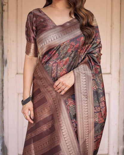 Rich Chocolate Banarasi Silk Saree with Geometric Print and Zari Border