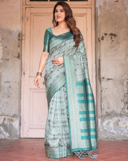 Teal Green Banarasi Silk Saree with Geometric Digital Print & Intricate Zari Border