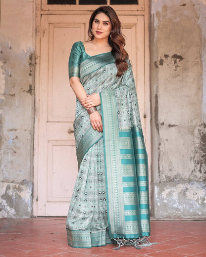 Teal Green Banarasi Silk Saree with Geometric Digital Print & Intricate Zari Border