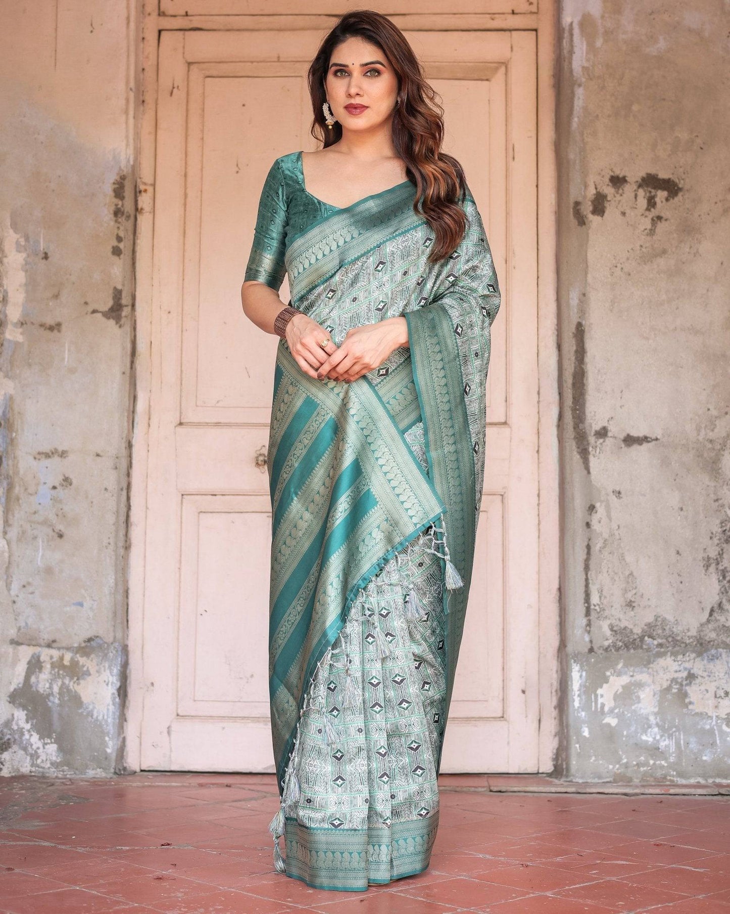 Teal Green Banarasi Silk Saree with Geometric Digital Print & Intricate Zari Border