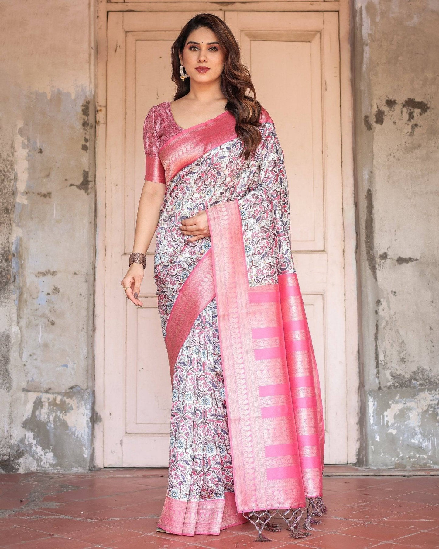 Pink Banarasi Silk Saree with Vibrant Floral Digital Print & Elegant Zari Border