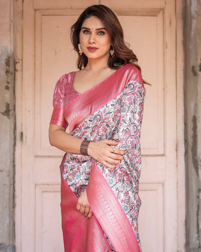 Pink Banarasi Silk Saree with Vibrant Floral Digital Print & Elegant Zari Border