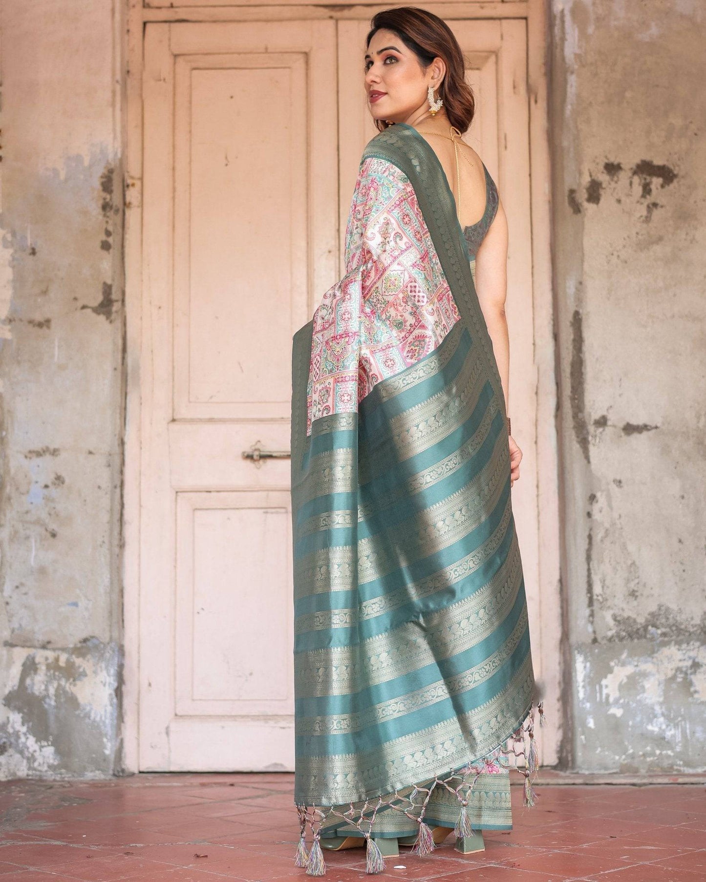 White Banarasi Silk Saree with Pastel Multicolor Prints and Green Zari Border