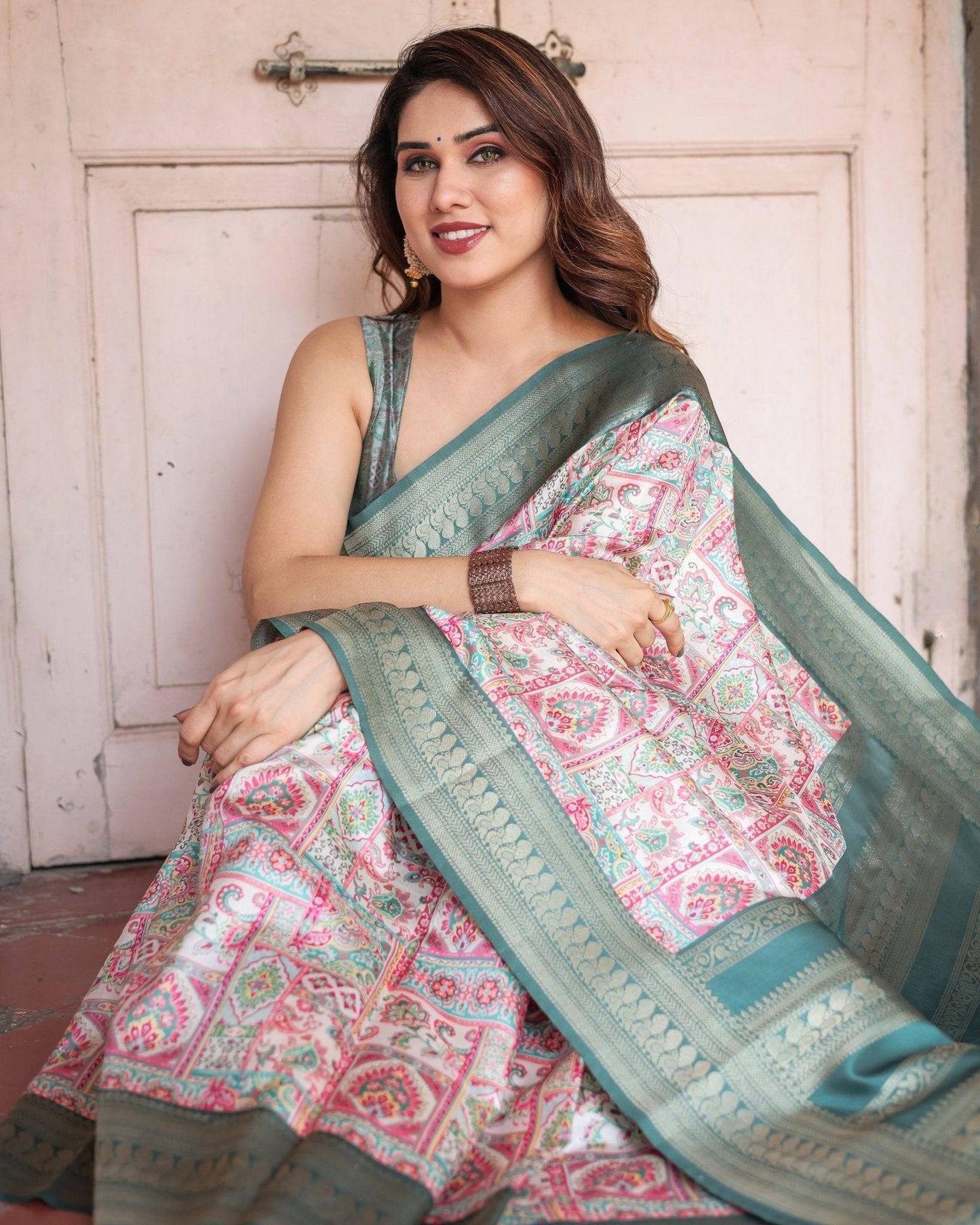 White Banarasi Silk Saree with Pastel Multicolor Prints and Green Zari Border