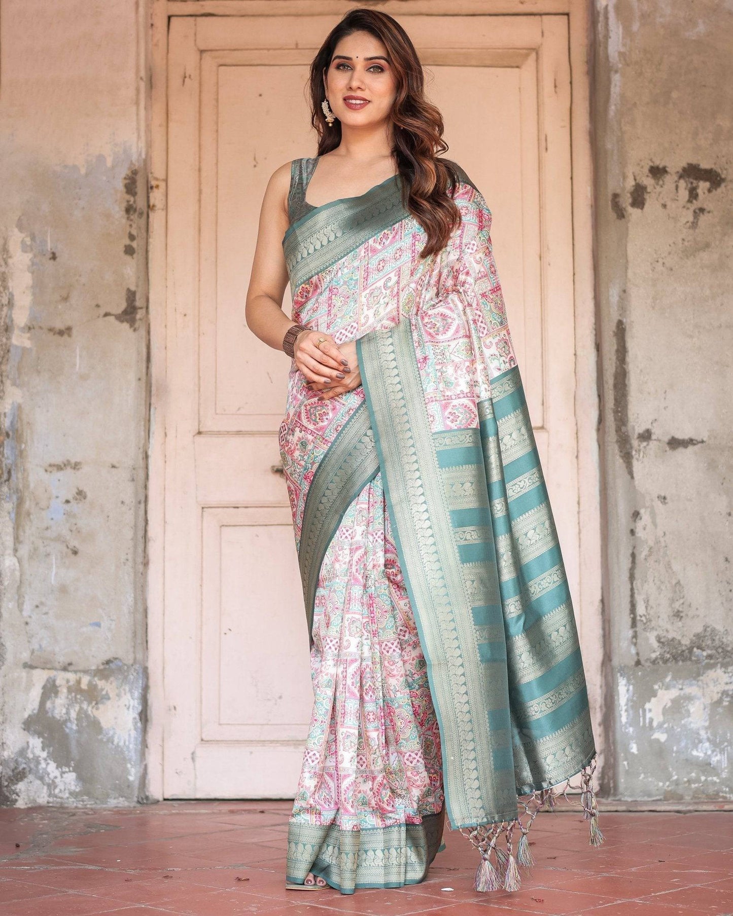 White Banarasi Silk Saree with Pastel Multicolor Prints and Green Zari Border