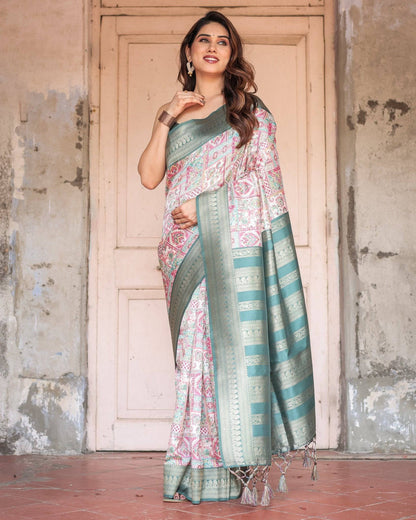 White Banarasi Silk Saree with Pastel Multicolor Prints and Green Zari Border