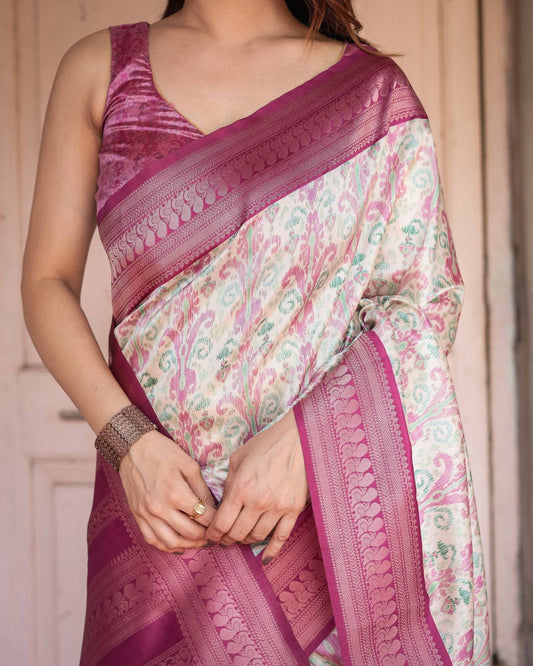 Off-White Banarasi Silk Saree with Pink Ikat Design and Zari Border