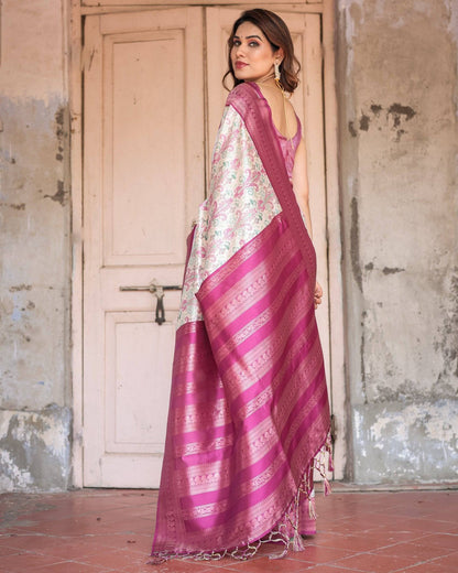 Off-White Banarasi Silk Saree with Pink Ikat Design and Zari Border