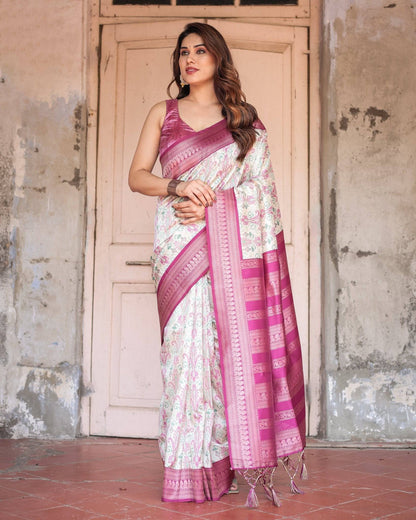 Off-White Banarasi Silk Saree with Pink Ikat Design and Zari Border