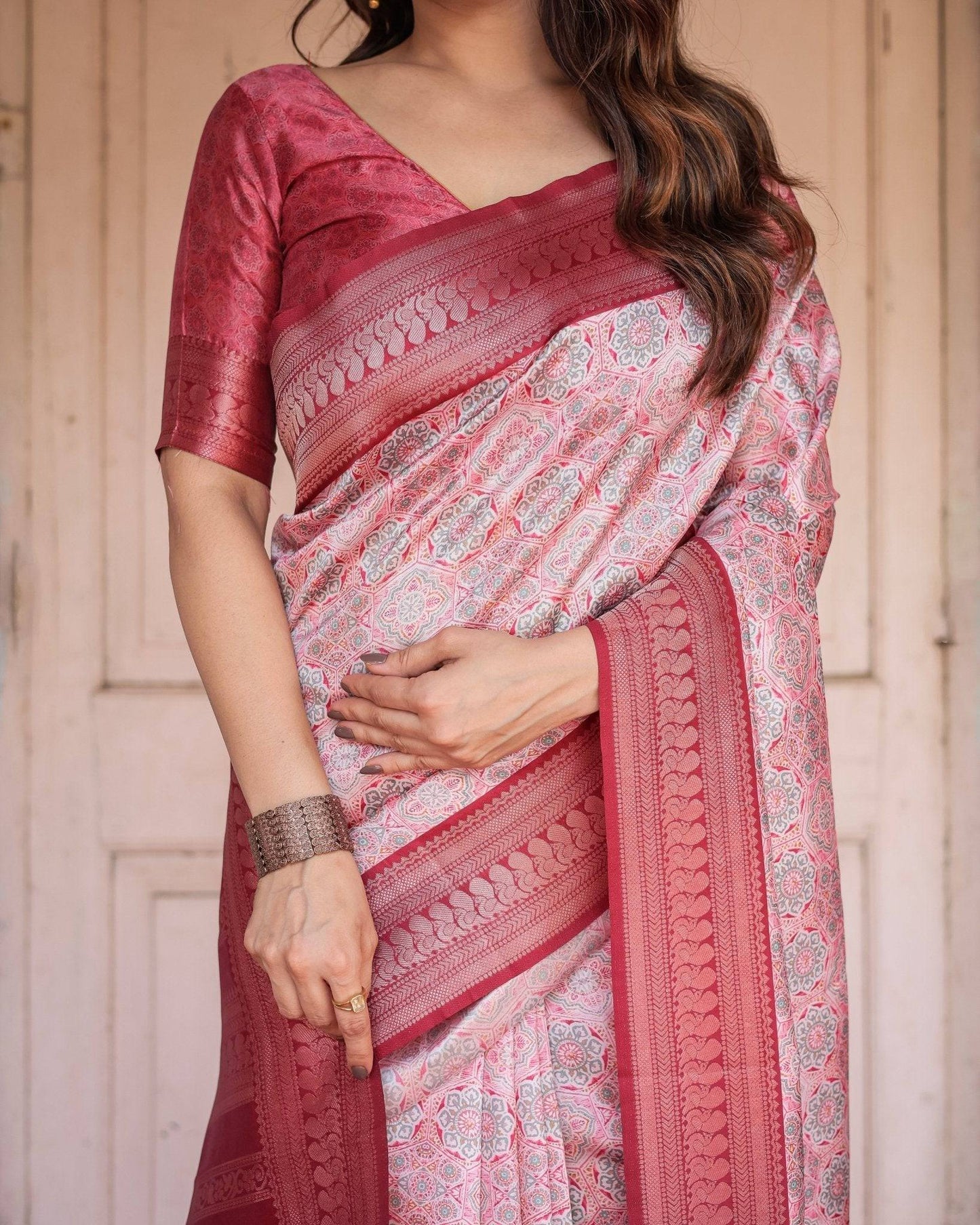 Crimson Red Banarasi Silk Saree with Geometric Digital Print & Zari Border