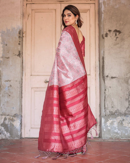 Crimson Red Banarasi Silk Saree with Geometric Digital Print & Zari Border