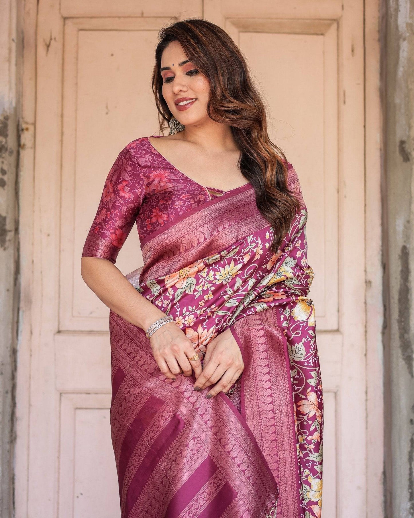 Wine and Rose Gold Floral Banarasi Silk Saree with Zari and Tassels