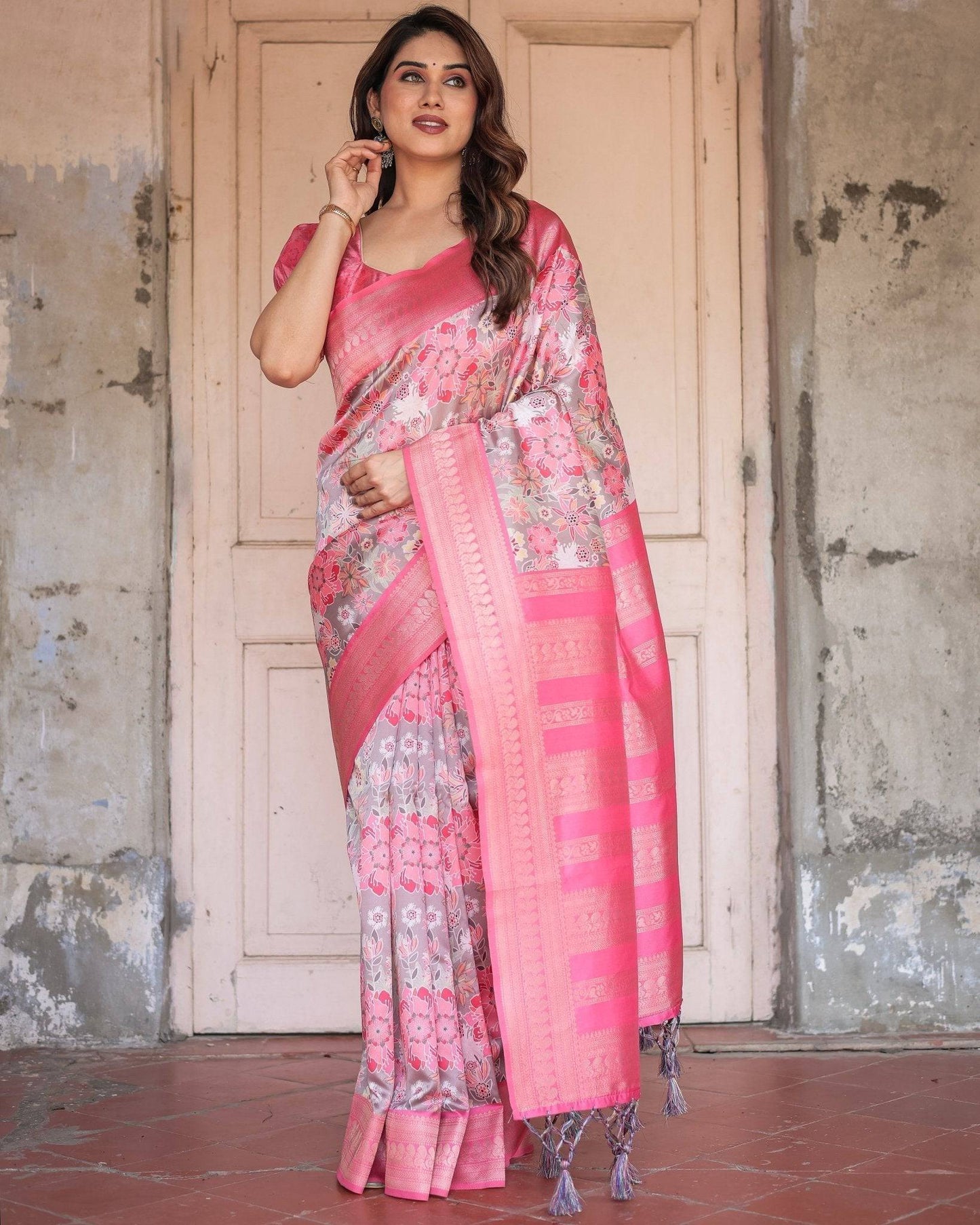 Exquisite Pink and Silver Banarasi Silk Floral Saree with Tassels