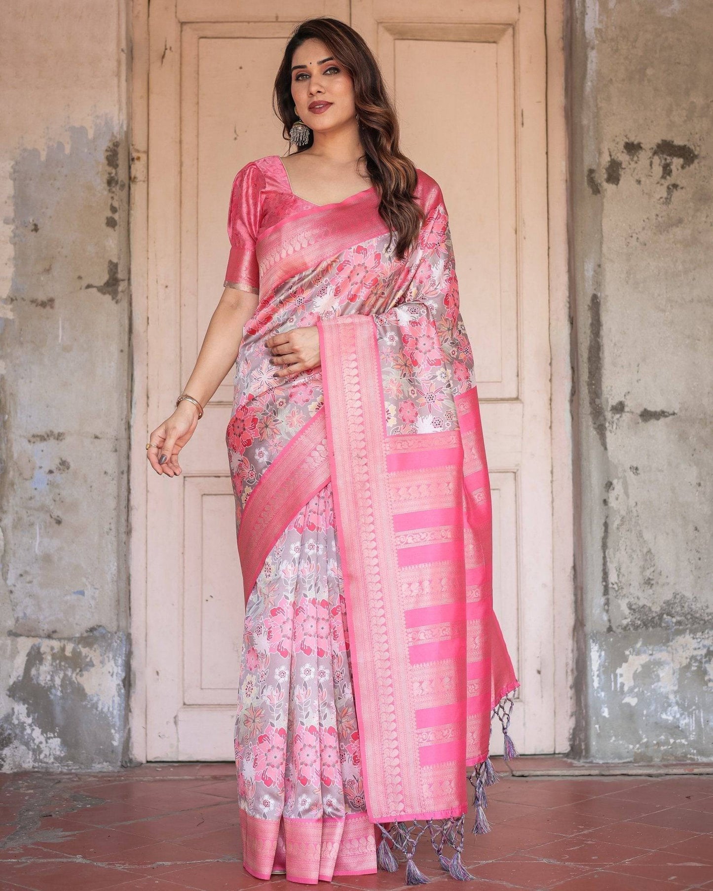 Exquisite Pink and Silver Banarasi Silk Floral Saree with Tassels