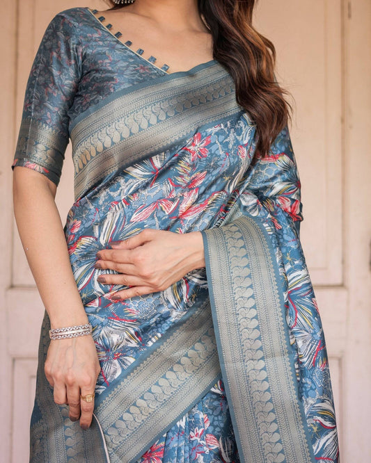 Steel Blue Banarasi Silk Saree with Tropical Floral Digital Print & Zari Border