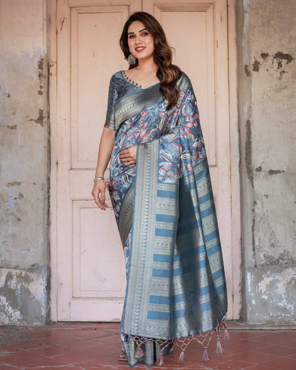 Steel Blue Banarasi Silk Saree with Tropical Floral Digital Print & Zari Border