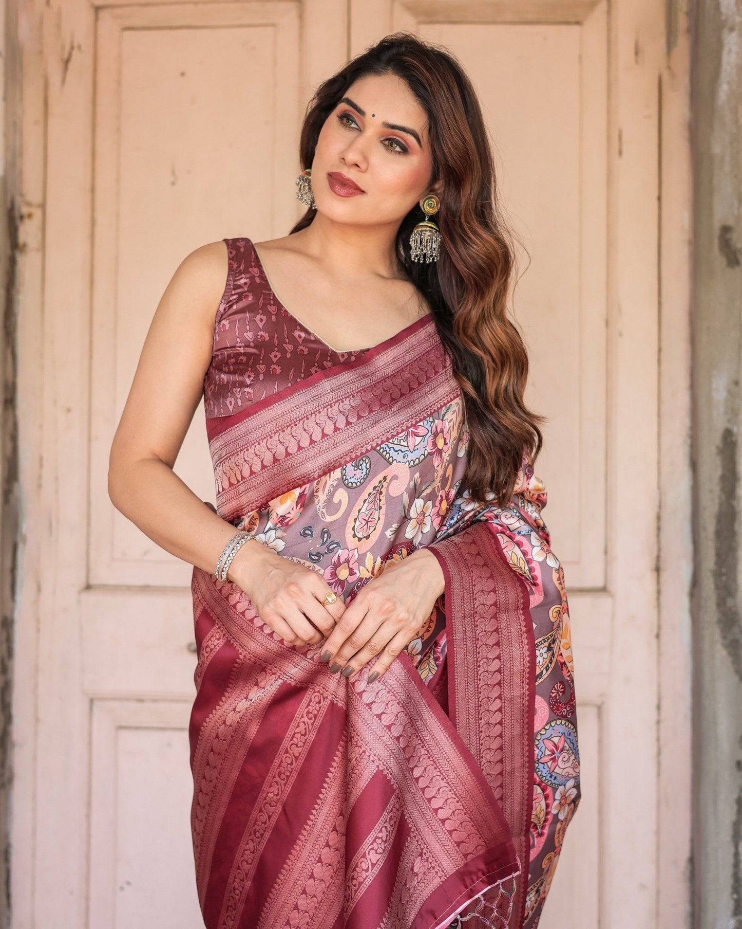 Wine Banarasi Silk Saree with Paisley and Floral Digital Print & Zari Border