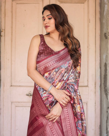 Wine Banarasi Silk Saree with Paisley and Floral Digital Print & Zari Border