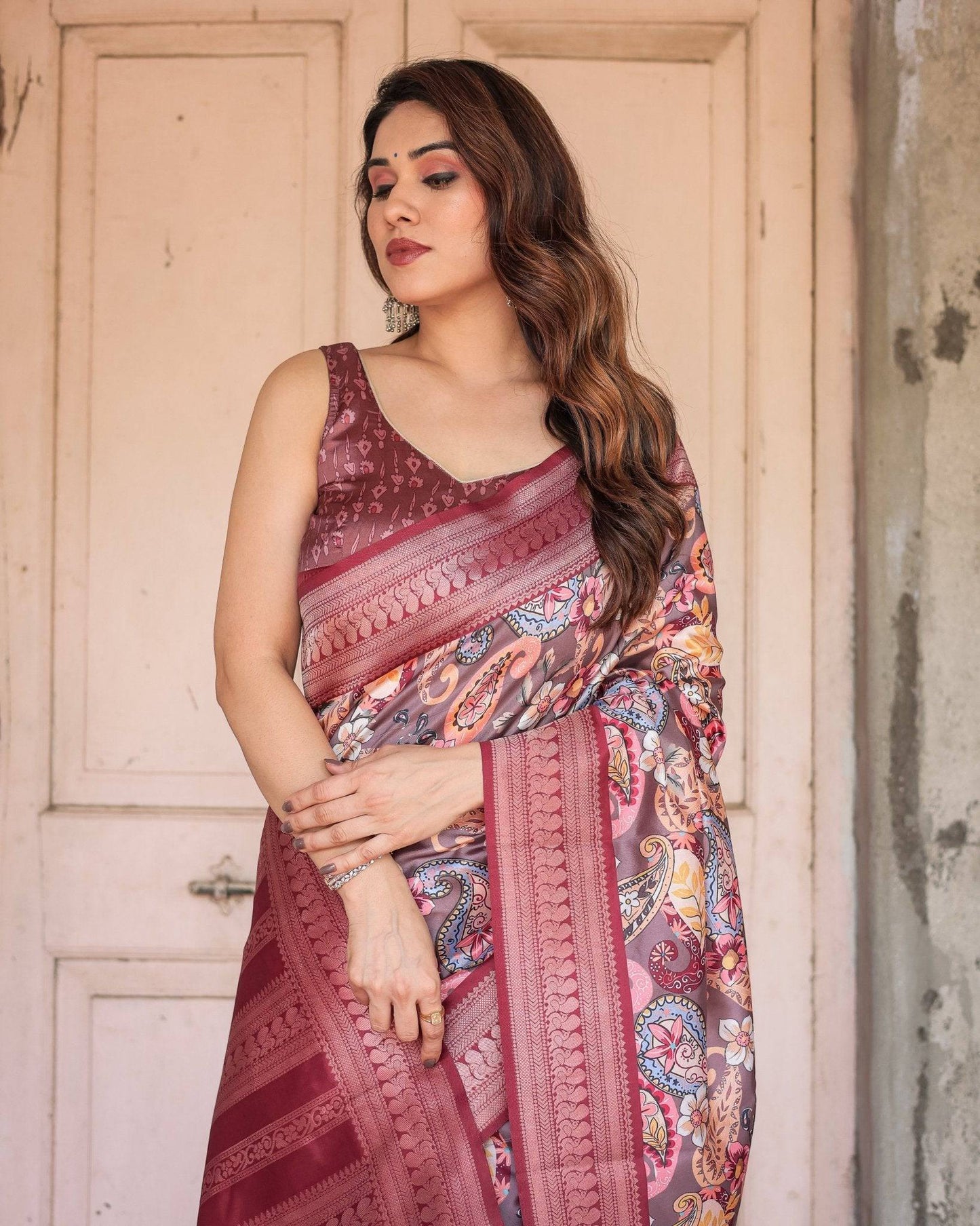 Wine Banarasi Silk Saree with Paisley and Floral Digital Print & Zari Border