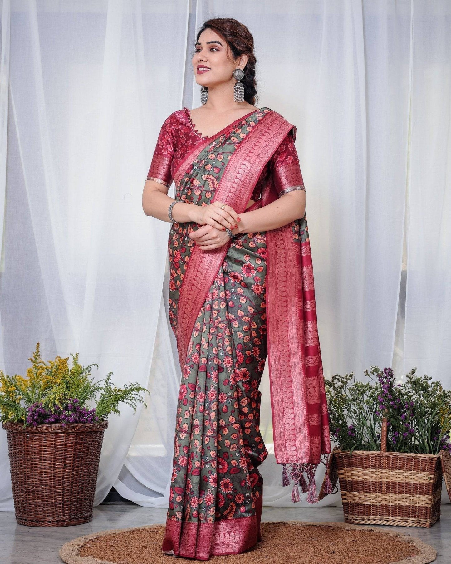 Elegant Banarasi Silk Saree in Deep Green with Floral Zari and Tassels