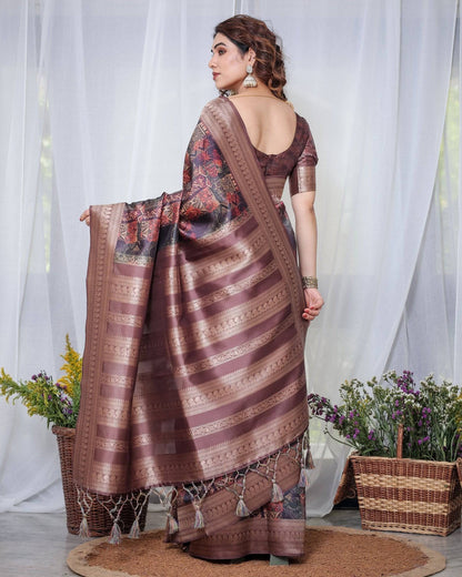 Chocolate Brown Banarasi Silk Saree with Tribal Digital Print, Zari Border & Tassel Pallu