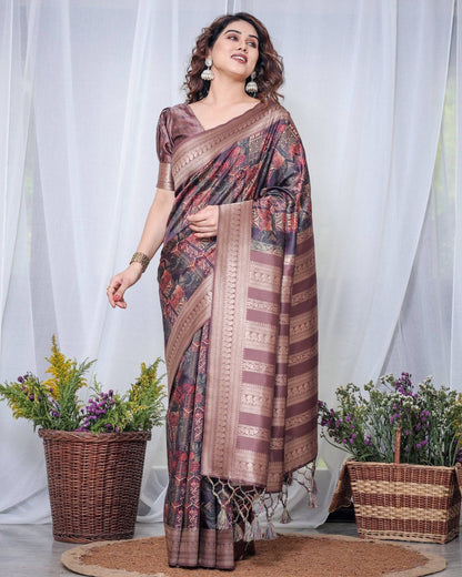 Chocolate Brown Banarasi Silk Saree with Tribal Digital Print, Zari Border & Tassel Pallu