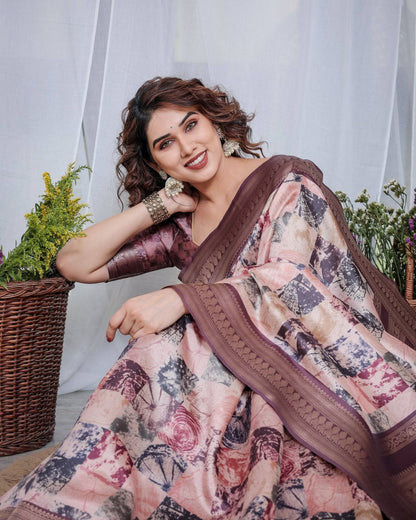 Mauve Banarasi Silk Saree with Abstract Checkered Digital Print, Zari Border & Tassel Pallu