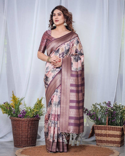 Mauve Banarasi Silk Saree with Abstract Checkered Digital Print, Zari Border & Tassel Pallu