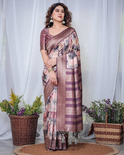 Mauve Banarasi Silk Saree with Abstract Checkered Digital Print, Zari Border & Tassel Pallu