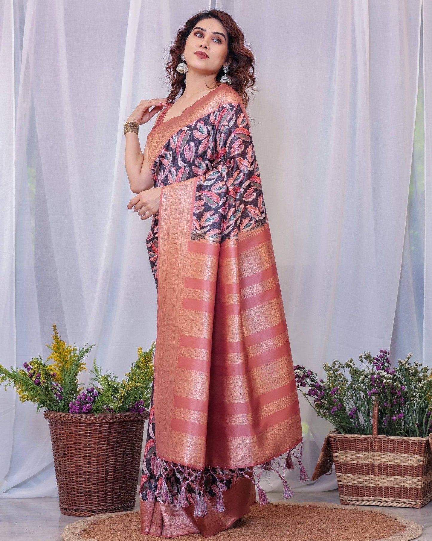 Elegant Black and Peach Banarasi Silk Saree with Leaf Motif and Tassels