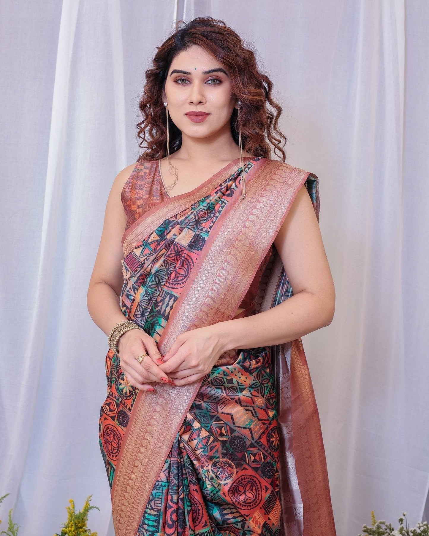 Geometric Elegance: Multicolored Digital Print Pure Silk Saree with Gold Borders