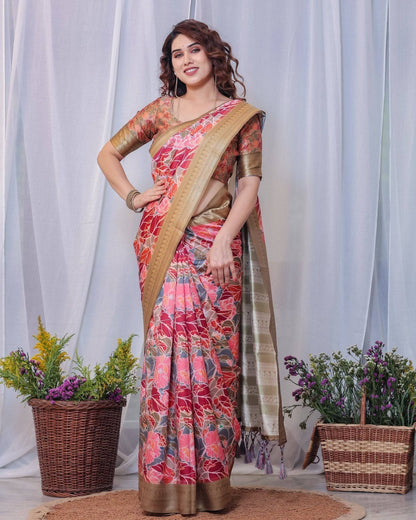 Radiant Red and Gold Banarasi Silk Saree with Floral Motifs and Tassels