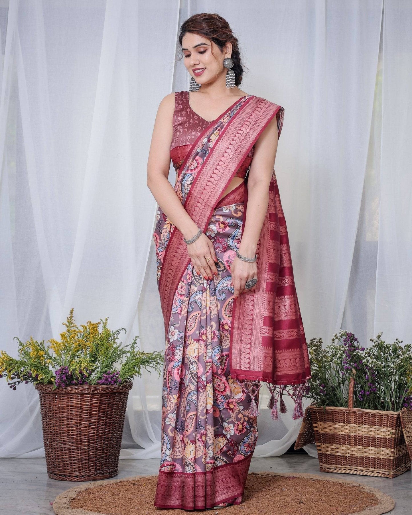 Luxurious Maroon Banarasi Silk Saree with Paisley Print and Tassels