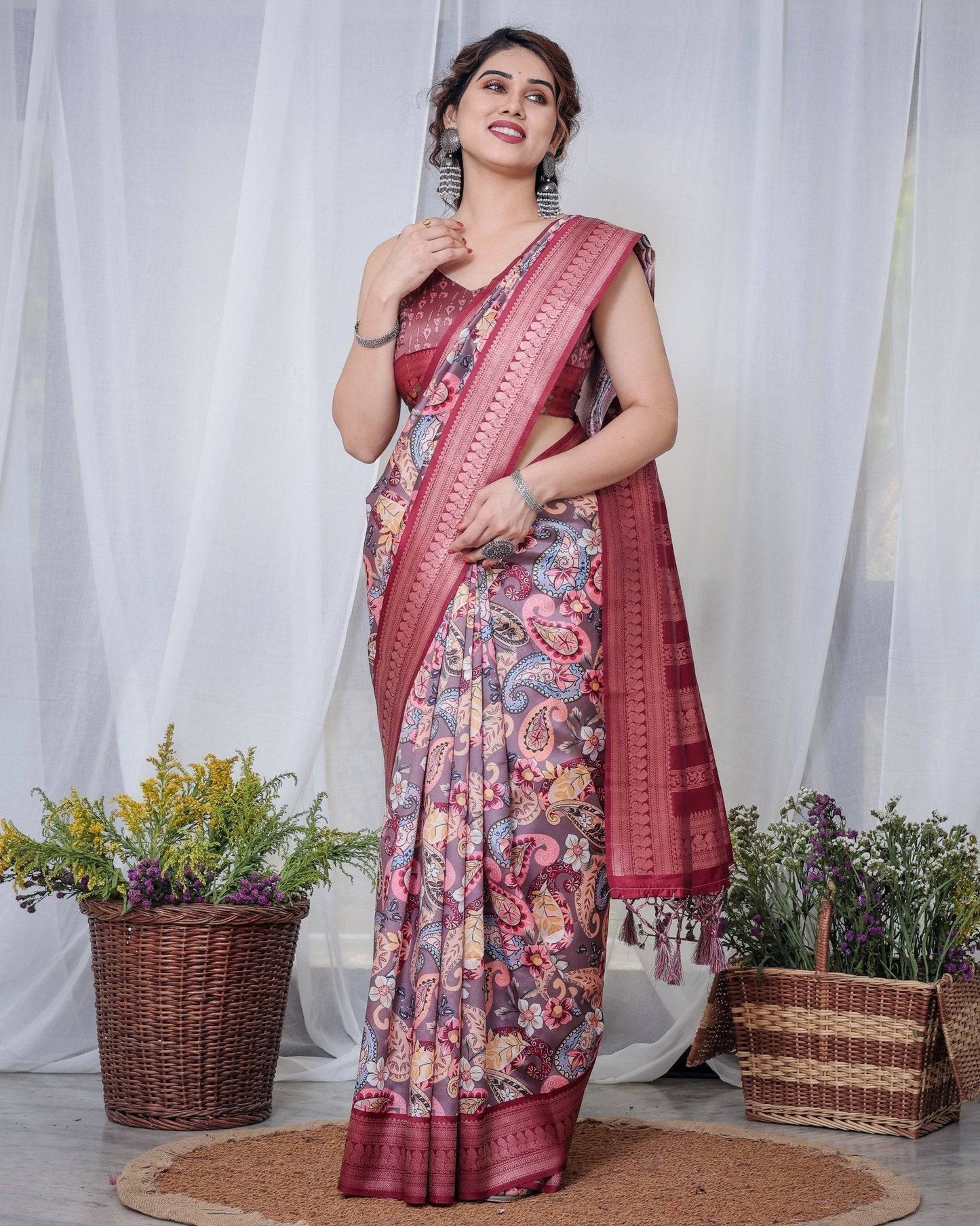 Luxurious Maroon Banarasi Silk Saree with Paisley Print and Tassels