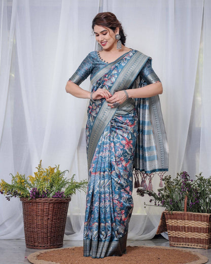 Enchanting Blue Banarasi Silk Saree with Multicolor Floral Weaves and Luxurious Zari Pallu with Tassels